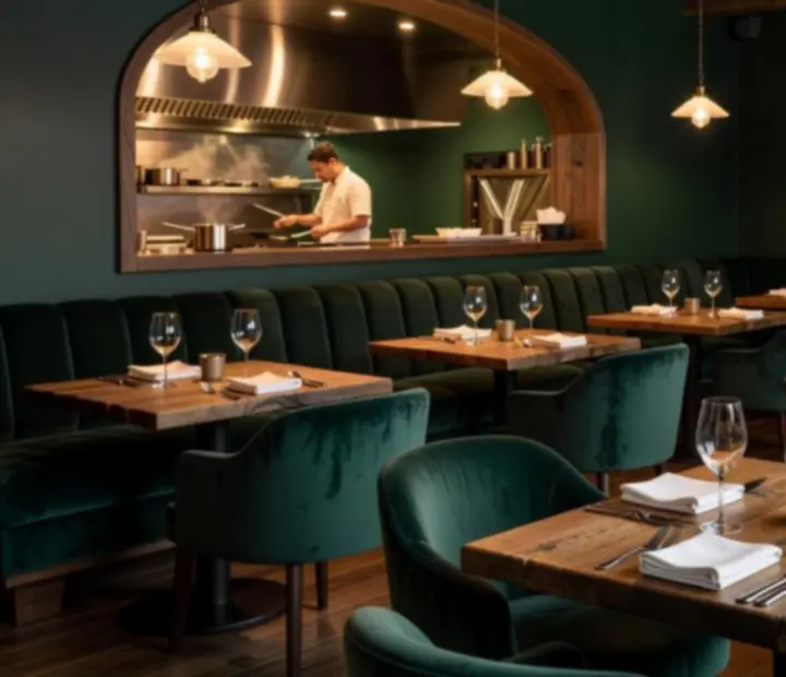Mood-lit bistro dining room with deep jade walls and warm wood at The Fork.