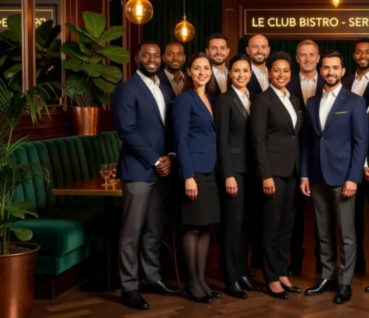 Front-of-house team at The Fork bistro standing together in a dark jade interior.