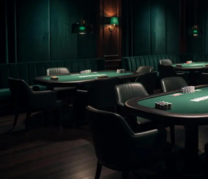 Private card salon with poker tables in a club-style setting