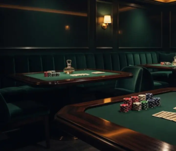 Mood-lit cardroom with timber tables and classic club seating at The Flop Tournament Salon