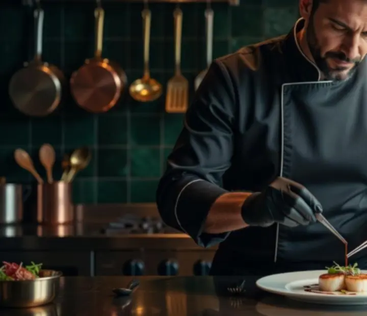 Chef plating a seasonal dish in the kitchen at The Fork bistro