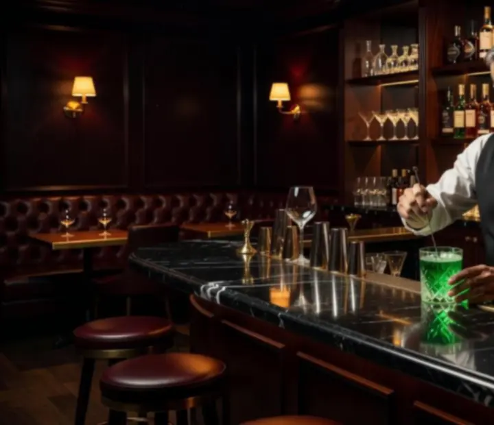 Bartender crafting an emerald-hued cocktail behind the bar at The Fork.