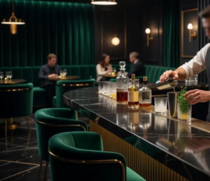 Bartender preparing craft cocktails at a dark jade bar