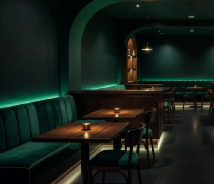 Evening perspective of Theflopandfork bistro and cocktail bar with dark jade lighting