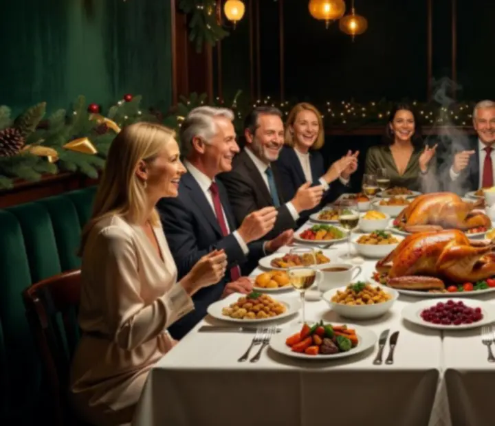 Seasonal festival dinner with guests dining in a warm, festive atmosphere