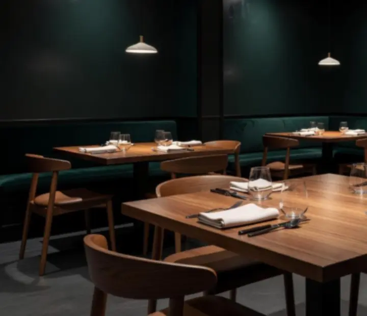 Mood-lit jade-accented bistro dining room with raw wood tables at Theflopandfork