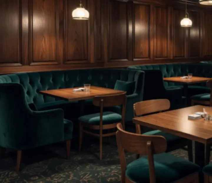 Mood-lit bistro card lounge with oak tables and dark jade ambience
