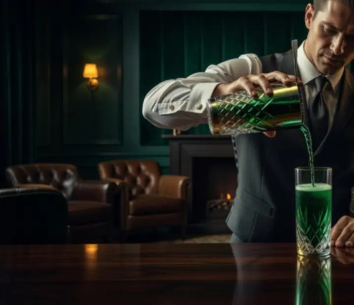 Mixologist at The Flop & Fork pouring a crafted cocktail behind the jade-black bar