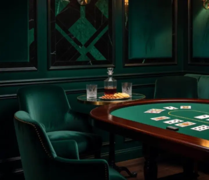Intimate private card lounge with guests seated at a poker table in The Flop